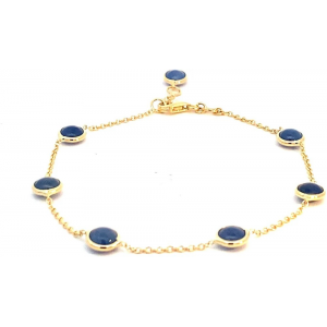 14 krt geelgouden Monzario fantasieschakel armband, dunne ankerschakeltjes waartussen 6 x een ronde dubbelzijdige blauwe korund in gladde zetrand is gezet, lengte 19 cm - 11115328