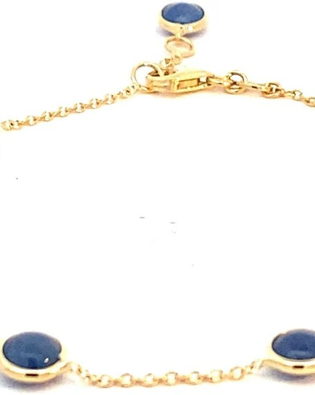 14 krt geelgouden Monzario fantasieschakel armband, dunne ankerschakeltjes waartussen 6 x een ronde dubbelzijdige blauwe korund in gladde zetrand is gezet, lengte 19 cm - 11115328