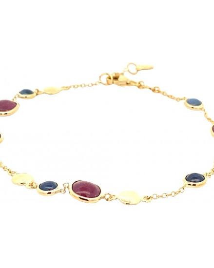 14 krt geelgouden Monzario fantasieschakel armband, dunne ankerschakeltjes waartussen ronde gladde dichte schijfjes en verder verfraaid 4 pebblevormig gefacetteerde rood korund en 4 x ronde dubbelzijdig cabochon blauw korund, lengte 18,5 cm model 1553A Ge