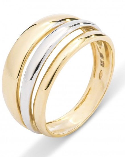 14 krt geel en witgouden Monzario fantasie ring , gladde gepolijste banden waarvan de middelste een witgouden baan, refnr 878R bic - 11115348