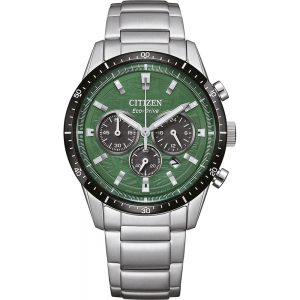 stalen Citizen Eco-Drive chronograaf horloge, voorzien van stalen band, gebold glas, zwarte lunette, groene wijzerplaat, datumfunctie en 100m WD - 11115372