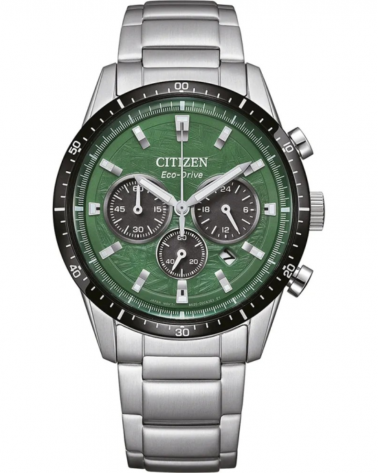 stalen Citizen Eco-Drive chronograaf horloge, voorzien van stalen band, gebold glas, zwarte lunette, groene wijzerplaat, datumfunctie en 100m WD - 11115372