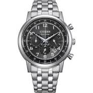 stalen Citizen Eco-Drive chronograaf horloge, voorzien van stalen band, gebold glas, donkere wijzerplaat, arabische cijfers, datumfunctie en 100m WD - 11115374