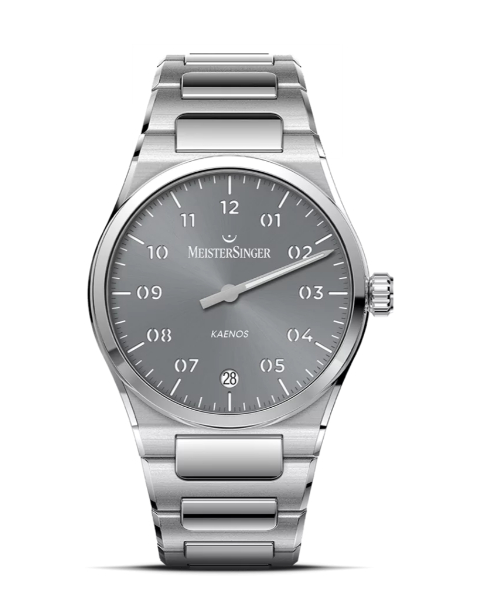 Stalen MeisterSinger : Kaenos model KS927 ( kaenos : afgeleid van grieks voor nieuw of vers ) band en kast zijn geïntegreerd, satijnmat en gepolijste delen, voorzien van een Sellita SW 200 uurerk, 100 meter WD, 40 mm kast, 3-multi-laags wijzerplaat voor 3