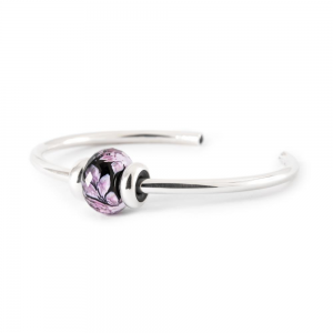 Trollbeads zilveren Bangle"kalmte"zilveren bangle met in de uiteindes een amethist gezet, compleet met murano glazen geslepen midden kraal en 2 zilveren stoppers, maat S - 11115484