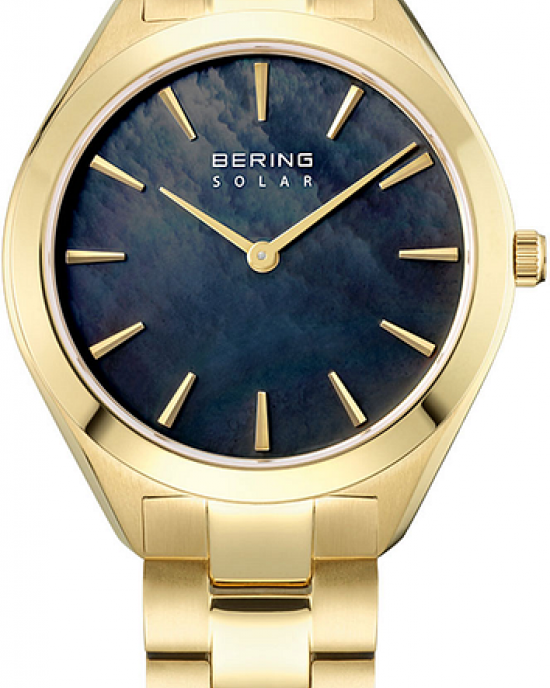 stalen Bering horloge, geel verguld, schakelband, saffierglas en donkerparelmoer wijzerplaat, kastmaat 31 mm, refnr 17331-732 - 11115515 stalen Bering horloge, geel verguld, schakelband, saffierglas en donkerparelmoer wijzerplaat, kastmaat 31 mm, refnr 17331-732 - 11115515