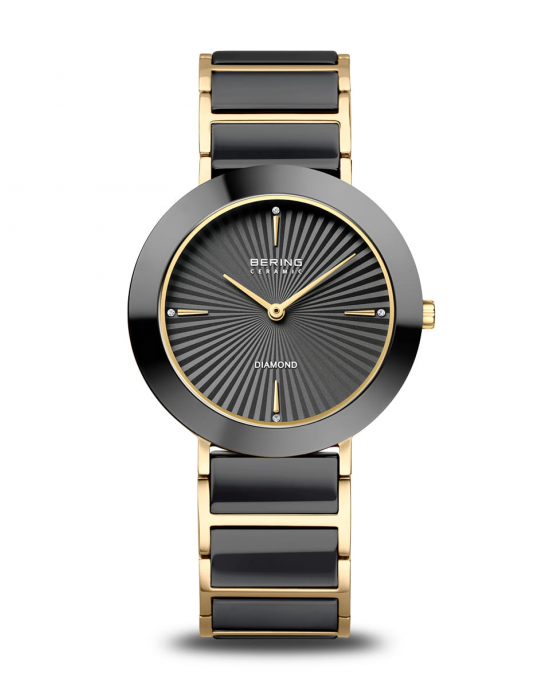 stalen Bering horloge, geel verguld, schakelband met zwart keramiek, saffierglas en zwarte Sunburst wijzerplaat welke is verfraaid met 4 x diamant, kastmaat 35 mm, refnr 11435-732 - 11115517 stalen Bering horloge, geel verguld, schakelband met zwart keramiek, saffierglas en zwarte Sunburst wijzerplaat welke is verfraaid met 4 x diamant, kastmaat 35 mm, refnr 11435-732 - 11115517