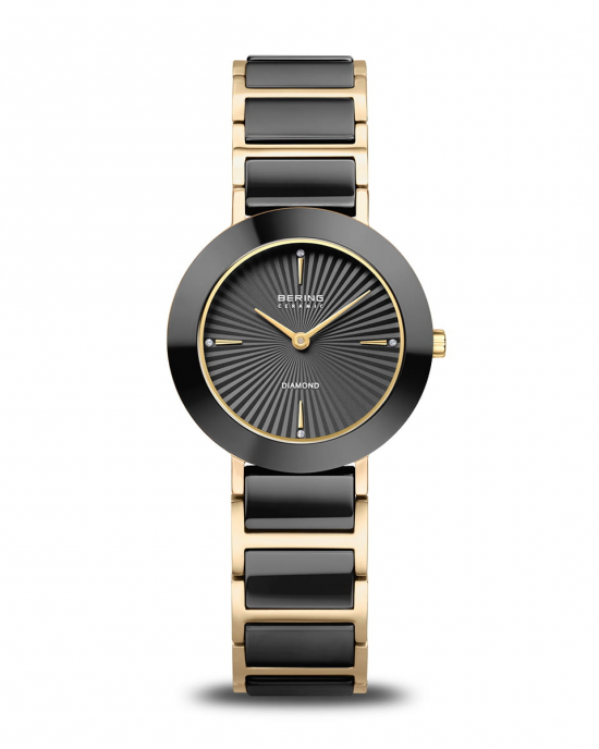 stalen Bering horloge, geel verguld, schakelband met zwart keramiek, saffierglas en bewerkte zwarte wijzerplaat, kastmaat 29 mm, refnr 11435-732 - 11115518