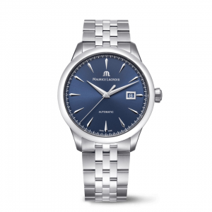 volledig stalen Maurice Lacroix automaat, uit de 1975 serie, glazen bodem, saffierglas, blauwe wijzerplaat, streepindex en datum - 11115525