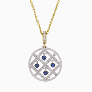 een 18 karaats geelgouden collier met daaraan een ronde hanger waarin 4 bewegende blauw safieren en een raster met briljant geslepen diamanten. lengte 42-45 cm - 11115566
