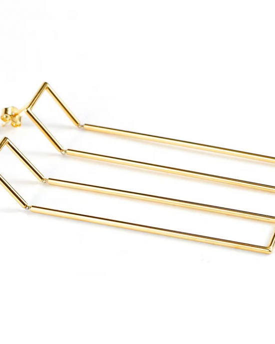 Yoko Takirai handgemaakt oorsieraden, Swing gold, zilveren buizen geel verguld strakke, small en langwerpige paralelvormig buizen zijn verbonden met inox staal vergulde ogen - 11115571