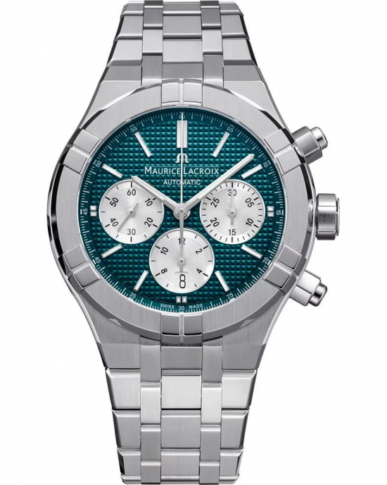 volledig stalen Maurice Lacroix Aikon chronograaf automaat, limited op 500 stuks wereldwijd, stalen band voorzien van een vouwsluiting, saffier glas, glazen bodem, 20 ATM, voorzien van schroefkroon en schroef-poussoirs en snelverzetting datum aan de zijka