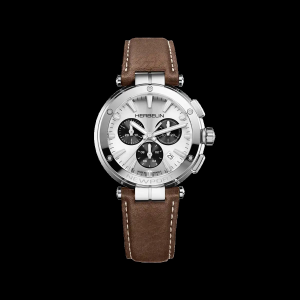 stalen Herbelin Newport chrono quartz, 40 mm, saffierglas, 100m WD, zilverkleurige wijzerplaat met bruine subwijzerplaten. bruine lederen band. franse aanzet - 11115644
