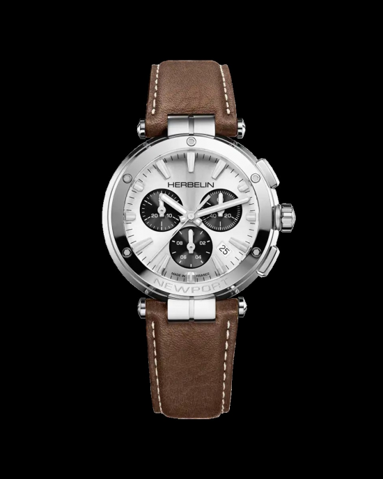 stalen Herbelin Newport chrono quartz, 40 mm, saffierglas, 100m WD, zilverkleurige wijzerplaat met bruine subwijzerplaten. bruine lederen band. franse aanzet - 11115644