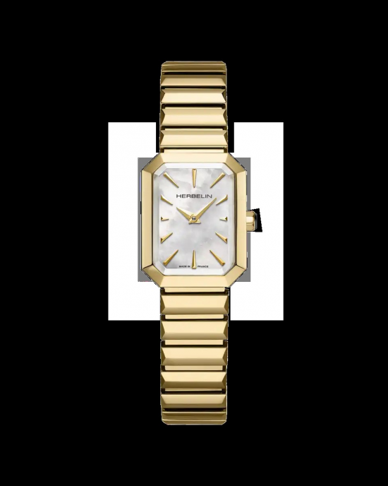elegant rechthoekig dames Herbelin quartz horloge, stalen band en kast geintregeerd en volledig PVD verguld, model Octogone, saffierglas, 50m WD - 11115645