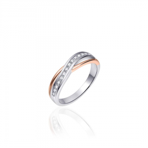 rose en zilver gerhodineerde fantasie cross-over ring, 2 banen gepolijst en de breedste bovenste baan is verfraaid met briljant geslepen zirconia's - 11115660