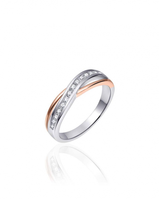 rose en zilver gerhodineerde fantasie cross-over ring, 2 banen gepolijst en de breedste bovenste baan is verfraaid met briljant geslepen zirconia's - 11115660