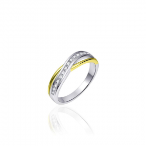 geel verguld en zilver gerhodineerde fantasie cross-over ring, 2 banen gepolijst en de breedste bovenste baan is verfraaid met briljant geslepen zirconia's - 11115661