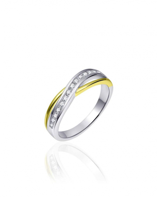 geel verguld en zilver gerhodineerde fantasie cross-over ring, 2 banen gepolijst en de breedste bovenste baan is verfraaid met briljant geslepen zirconia's - 11115661