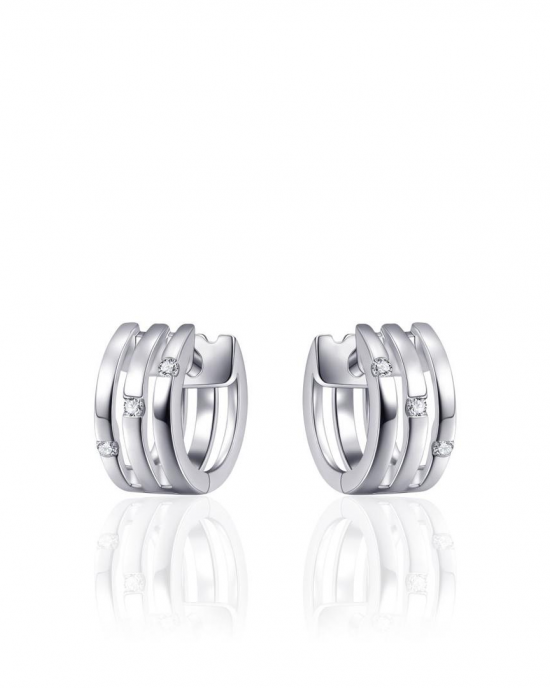 zilver gerhodineerde fantasie klapcreolen model E051, drie strakke banen waarvan elke is verfraaid met een briljant geslepen zirconia - 11115662