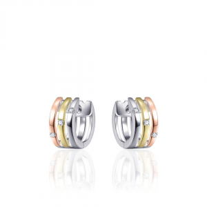 tri-color zilver gerhodineerde fantasie klapcreolen model E051T, drie strakke banen waarvan elke is verfraaid met een briljant geslepen zirconia - 11115663