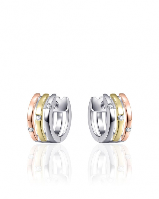 tri-color zilver gerhodineerde fantasie klapcreolen model E051T, drie strakke banen waarvan elke is verfraaid met een briljant geslepen zirconia - 11115663