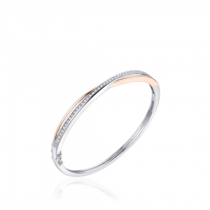 rose verguld en zilver gerhodineerde fantasie cross-over bangle,doorsnede 60 mm, bestaande uit 2 gepolijste banen waarvan de bovenste baan is verfraaid met briljant geslepen zirconia's - 11115672