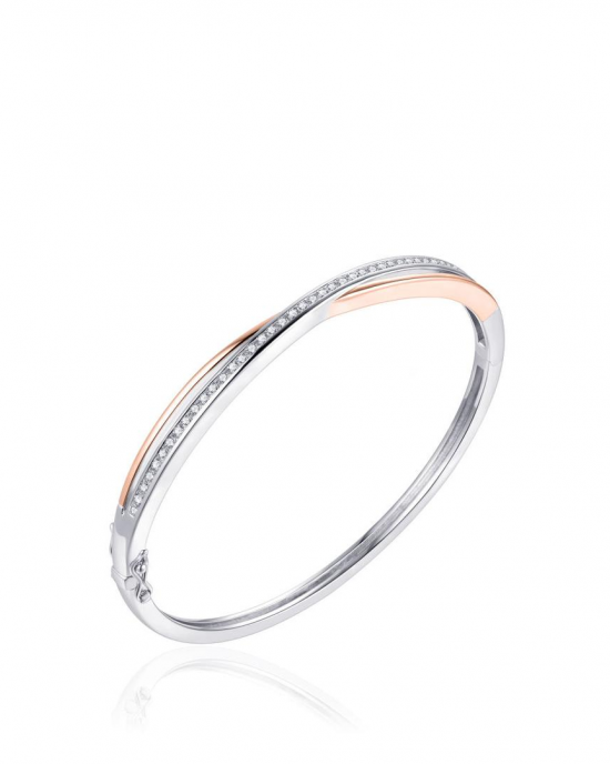 rose verguld en zilver gerhodineerde fantasie cross-over bangle,doorsnede 60 mm, bestaande uit 2 gepolijste banen waarvan de bovenste baan is verfraaid met briljant geslepen zirconia's - 11115672