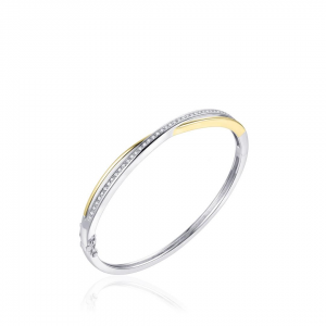 geel verguld en zilver gerhodineerde fantasie cross-over bangle,doorsnede 60 mm, bestaande uit 2 gepolijste banen waarvan de bovenste baan is verfraaid met briljant geslepen zirconia's - 11115673