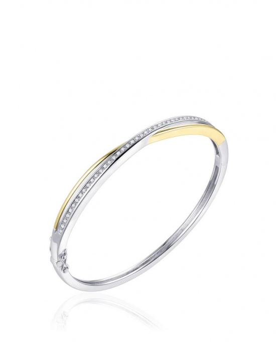 geel verguld en zilver gerhodineerde fantasie cross-over bangle,doorsnede 60 mm, bestaande uit 2 gepolijste banen waarvan de bovenste baan is verfraaid met briljant geslepen zirconia's - 11115673