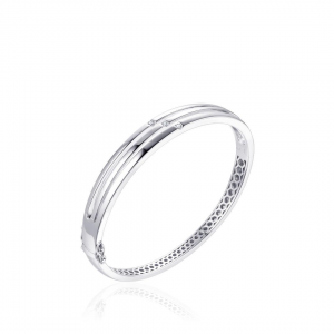 zilver gerhodineerde fantasie bangle, model SB18, doorsnede 60 mm, drie strakke banen waarvan elke is verfraaid met een briljant geslepen zirconia - 11115674