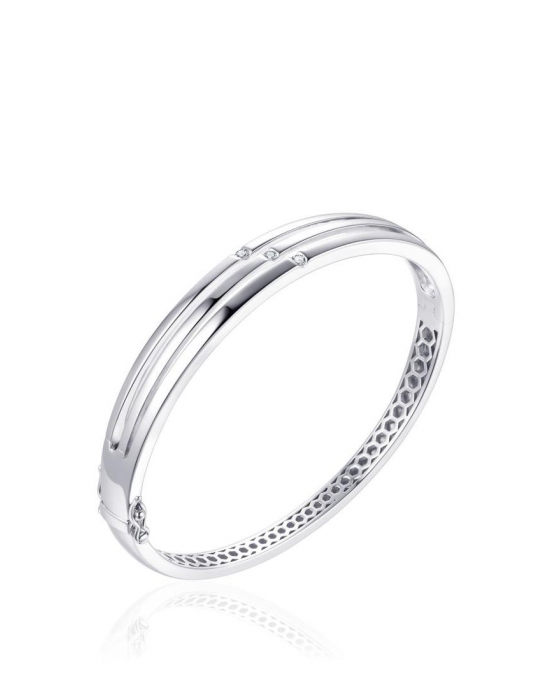 zilver gerhodineerde fantasie bangle, model SB18, doorsnede 60 mm, drie strakke banen waarvan elke is verfraaid met een briljant geslepen zirconia - 11115674