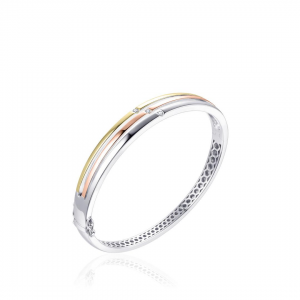 tri-color zilver gerhodineerde fantasie bangle, model SB18, doorsnede 60 mm, drie strakke banen waarvan elke is verfraaid met een briljant geslepen zirconia - 11115675