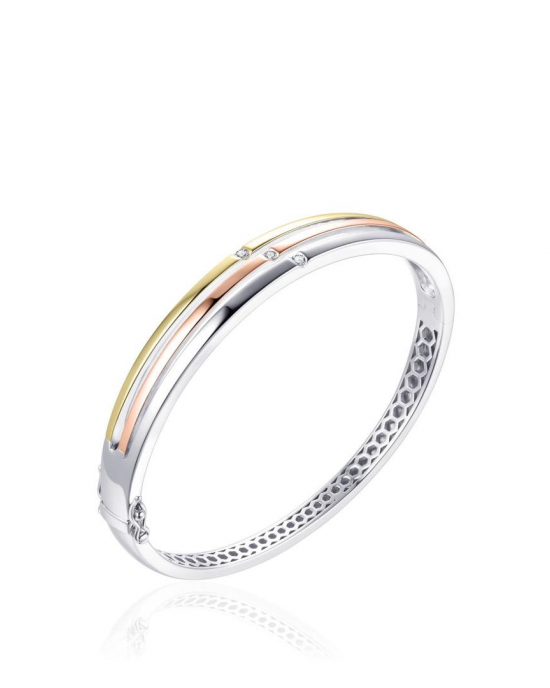 tri-color zilver gerhodineerde fantasie bangle, model SB18, doorsnede 60 mm, drie strakke banen waarvan elke is verfraaid met een briljant geslepen zirconia - 11115675
