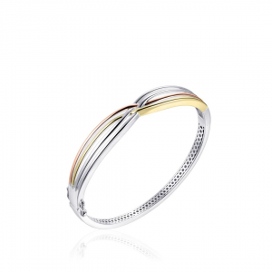 tri-color zilver gerhodineerde fantasie cross-over bangle, doorsnede 60 mm,  bestaande uit 4 banen, allen gepolijst - 11115677