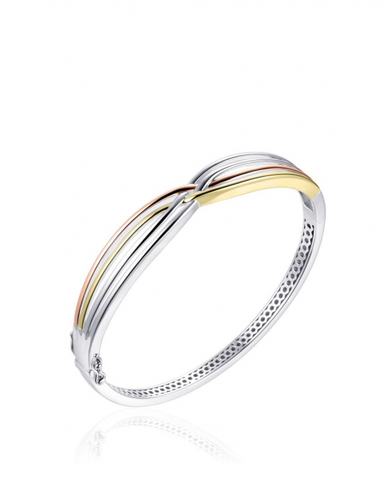 tri-color zilver gerhodineerde fantasie cross-over bangle, doorsnede 60 mm,  bestaande uit 4 banen, allen gepolijst - 11115677