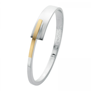 zilveren Nol armband, handgesmeed, fantasie recht model gepolijst, 59 x 51 mm, onderliggende baan is breder waarop een smallere baan ligt. voorzien van een ingelegd 14 krt geelgouden stuk welke is gematteerd - 11115728