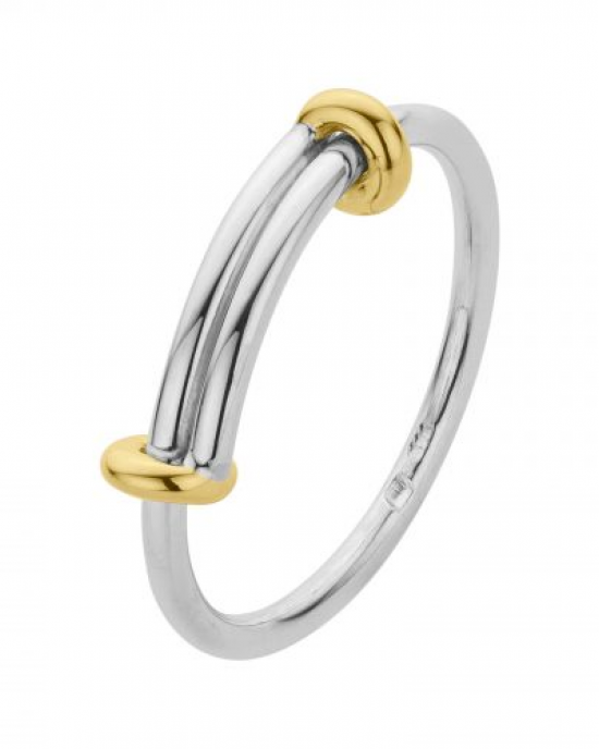 Zilveren NOL ring, handgesmeed, gepolijst, ronde scheen, dubbele scheen aan bovenzijde welke aan weerszijdes worden gemarkeerd door 14 krt geelgouden ogen, AG 74116-8 - 11115729