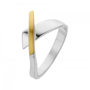 Zilveren NOL ring handgesmeed, V-model, gladde brede baan gepolijst, welke eindigt in een smallere gematteerde baan en in deze baan is een stuk 14 krt geelgoud ingelegd, model AG04128-6 - 11115731