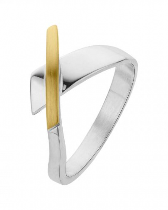 Zilveren NOL ring handgesmeed, V-model, gladde brede baan gepolijst, welke eindigt in een smallere gematteerde baan en in deze baan is een stuk 14 krt geelgoud ingelegd, model AG04128-6 - 11115731
