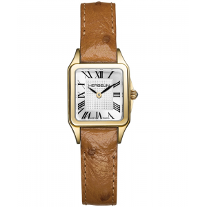 Herbelin horloge,4-kanten stalen kast geel verguld, lederen band, zwitsers uurwerk + saffier glas, model Luna Mini, ca 20 x 20 mm - 11115743