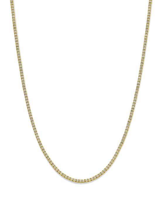 14k Geelgouden tenniscollier uitgevoerd met lab grown diamanten. Het tenniscollier heeft een draaglengte van 42cm en een schakelbreedte van 2.5mm. Het gezamenlijk diamantgewicht van de briljant geslepen diamanten is 5.00ct. Lab grown diamanten zijn diaman