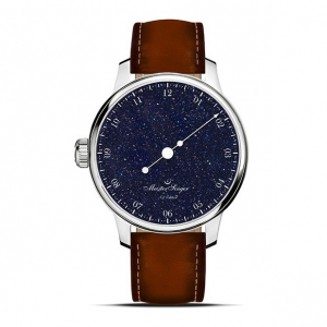 MeisterSinger NL editie 2025, automatisch uurwerk Sellita SW200, stalen kast met glazen deksel, lederen band, wijzerplaat is vervaardigd uit echte Aventurijn kwarts ( donkerblauw ) bruine lederen band Bovine leather - 11115848