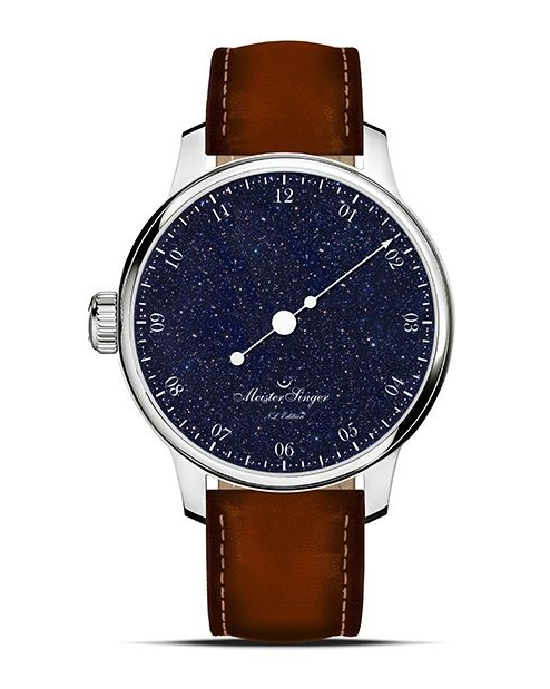 MeisterSinger NL editie 2025, automatisch uurwerk Sellita SW200, stalen kast met glazen deksel, lederen band, wijzerplaat is vervaardigd uit echte Aventurijn kwarts ( donkerblauw ) bruine lederen band Bovine leather - 11115848