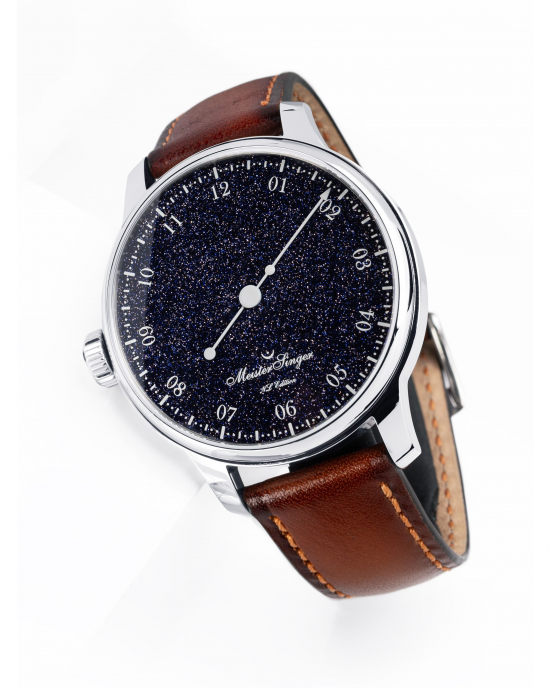 MeisterSinger NL editie 2025, automatisch uurwerk Sellita SW200, stalen kast met glazen deksel, lederen band, wijzerplaat is vervaardigd uit echte Aventurijn kwarts ( donkerblauw ) bruine lederen band Bovine leather - 11115848