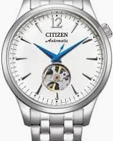 stalen Citizen automaat, voorzien van glazen bodem en aan voorzijde een kijkvenster op 6 uurspositie, stalen schakelband, 5 atm WD, witte wijzerplaat - 11115906