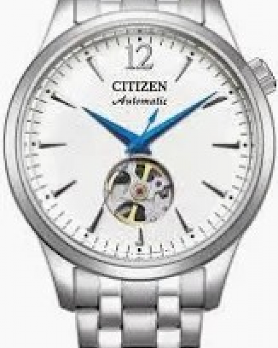 stalen Citizen automaat, voorzien van glazen bodem en aan voorzijde een kijkvenster op 6 uurspositie, stalen schakelband, 5 atm WD, witte wijzerplaat - 11115906