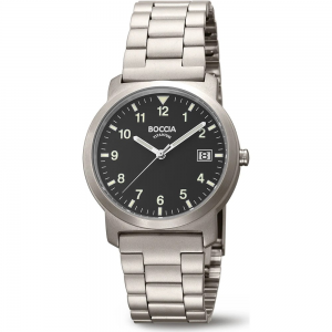 titanium Boccia horloge met titanium schakelband, mineraal glas, 5 atm WD, zwarte wijzerplaat met arabische cijfers, model 3630-03 - 11115943