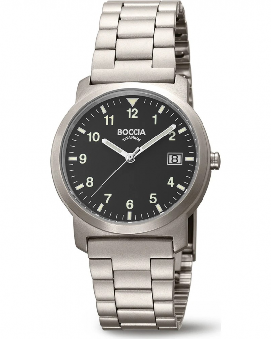 titanium Boccia horloge met titanium schakelband, mineraal glas, 5 atm WD, zwarte wijzerplaat met arabische cijfers, model 3630-03 - 11115943