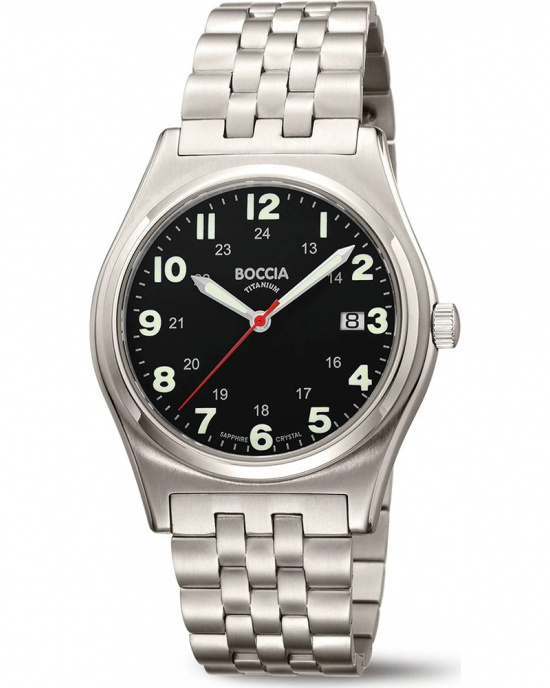 titanium Boccia horloge met titanium schakelband, saffierglas glas, 5 atm WD, zwarte wijzerplaat met arabische cijfers en 24-uursaanduiding, datum, model 3674-02 - 11115944